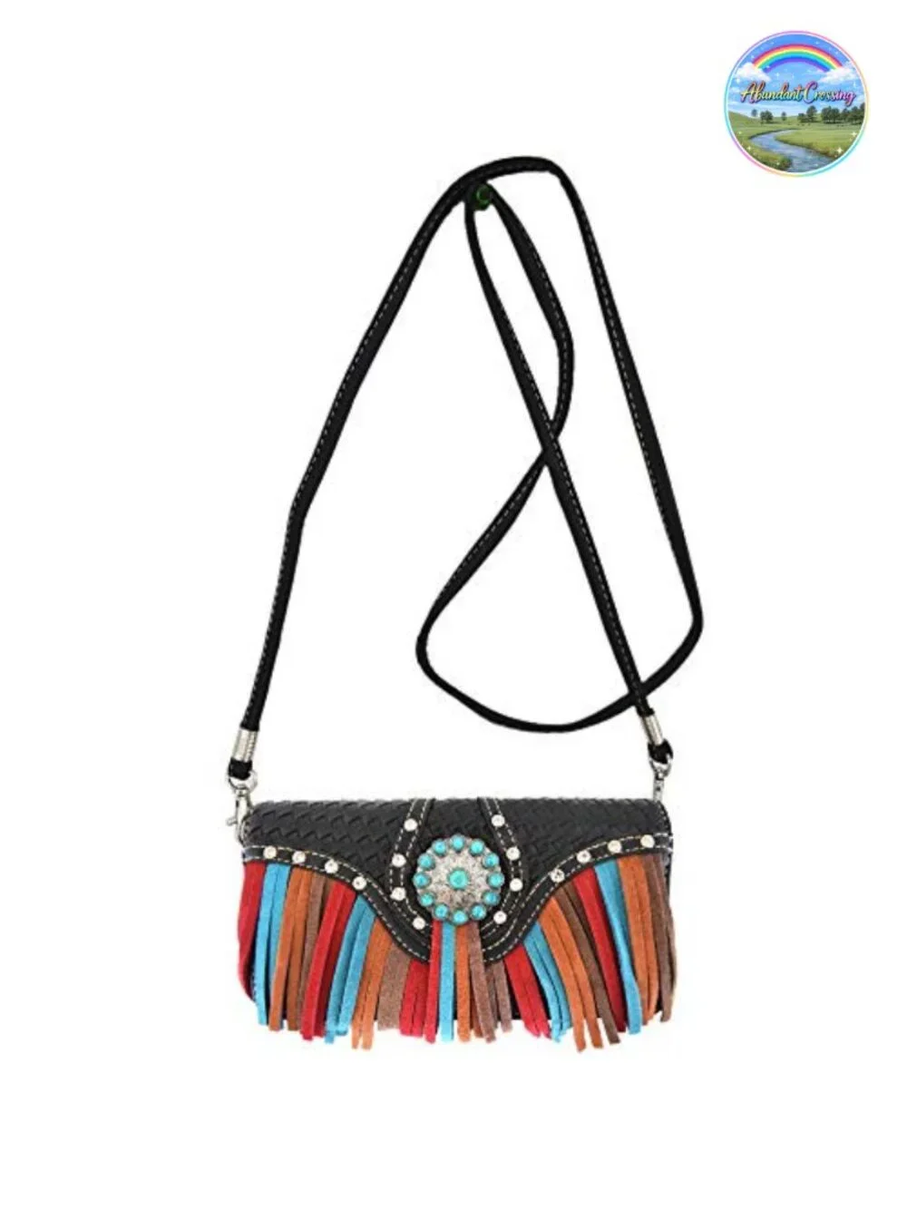 Fringe Conchos Gem Rhinestone Woven Leather Purse Shoulder Bag Wallet Set